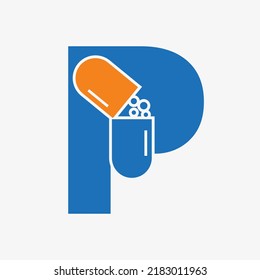 Letter P Medicine Tablet Logo Concept for Healthcare Logo Sign Vector Template