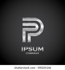 Letter P with metallic texture,3d Glossy, metal texture, Silver, steel and realistic shadow for logo.ai