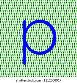 letter p minuscule bright blue color, intense on green texture with woven look in editable vector