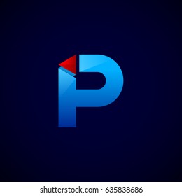 Letter P with Modern glossy and Triangle logo, Arrow and forward, Vector abstract origami, Digital, Technology, Media logotype