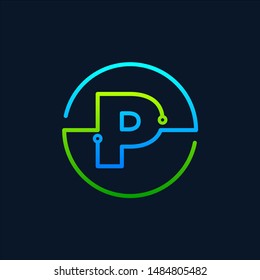 Letter P Mono Line Logo With Element Chip, Connect Concept , Circle Shape Symbol, Green And Blue Color, Technology And Digital Abstract Dot Connection - Vector