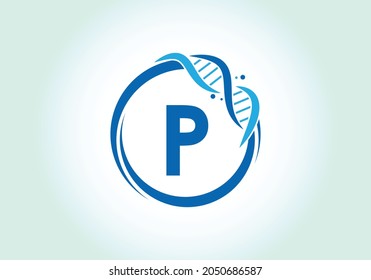 Letra P monograma en un círculo con ADN. Concepto de diseño del logo genético. emblema de letra. Logo vectorial moderno para medicina, ciencia, laboratorio, negocios e identidad de empresa