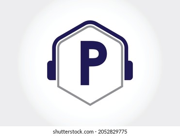 Letter P monogram alphabet with a headphone. Headphone Logo vector icon symbol. Music sign symbol. Font emblem. Design element for poster, banner, t-shirt, notebook cover, sticker, greeting card, bag,