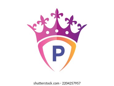 Letter P monogram alphabet With Shield And Crown Logo Template.