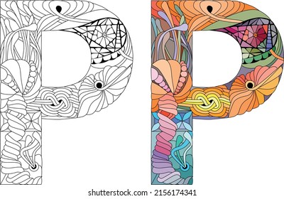 Letter P monogram for coloring, engraving design. Vector illustration. Color and outline set