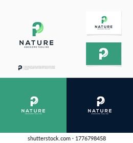 Letter p nature leaf logo. Eco logo combinations, modern template