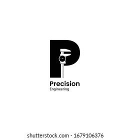 Letter P with negative space vernier caliper modern logo design concept for mechanical industy, engineering company. Vector illustration isolated on white background