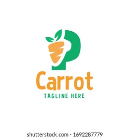 Letter P with orange carrot logo design idea. Simple Vegetable icon vector template illustration. Can be used for web site, app, UI. Vegan concept related to fruits isolated on white background.
