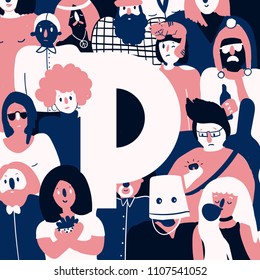 Letter P original hand drawn vector illustration of people. A big group of people are doing different things. Bright colorful cute illustration of humans for children books.