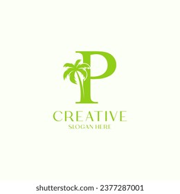 Plantilla de diseño de logotipo de árbol de hojas de palma para carta P 