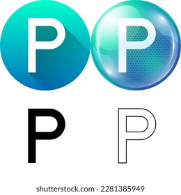 Letter P (Papa) Capital Uppercase Modern English Alphabet Icon Set of Circular Round Long Shadow, Futuristic Bubble, Black-White Silhouette, Line Art Isolated on White Background