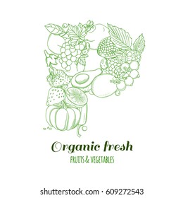 Letter P pattern logo of groceries organic farm fresh fruits and vegetables. Vector illustration logotype. Outline line flat style design. White backdrop.