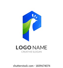 letter P peacock logo, letter P and peacock , combination logo with 3d blue and green color style