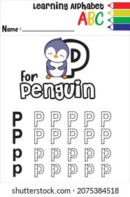 letra p para el pingüino. fondo blanco.