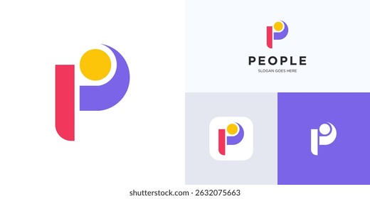 Letter P with people for community logo icon design vector, Symbol initial with human for organization, teamwork, family together, social networking group with colorful style for identity and business