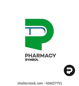 Letter P pharmacy medicine logo with medicament drug pill silhouette.