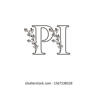 Letter P, I and PI Vintage Floral Logo Icon, Hand Drawn Flower Design.