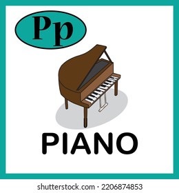 Letter P, Piano Alphabet Cute Flash Card. Practice Learning For Children, Kids, Kindergarten. Alphabet Book, English Vocabulary.