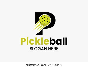 Letter P Pickleball Logo Concept With Moving Pickleball Symbol. Pickle Ball Logotype Vector Template