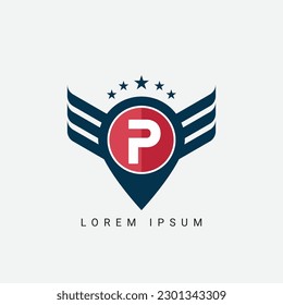 Letter P Pin initial shield with wings logo design