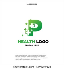 Logotipo de la letra P Pixel, logotipo Plus, símbolo del hospital de atención médica, logotipo tecnológico y digital