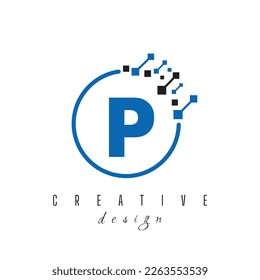 Letter P and Pixels Initial Technology, Database, Information, Digital, Internet, Storage Service Company Logo Concept Template