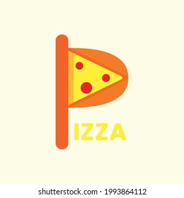 Letter P and Pizza Logo Concept. Food Logotype. Yellow, Orange and Brown. Logo, Icon, Symbol and Sign