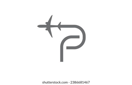 letter P with plane and airline logo vector template. Suitable for travel label, tourism, journey posters, flight company advertising, airways identity, and tech transportation