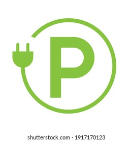Letter P with plug icon, Green electric vehicle parking sign, Electric car charging point, Parking space for Eco friendly hybrid cars, Vector illustration svg