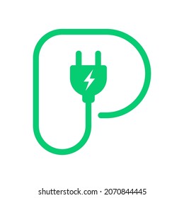 Letter P plug icon, Green electric vehicle parking sign, Electric car charging point, Parking space for Eco friendly hybrid cars, Vector illustration svg