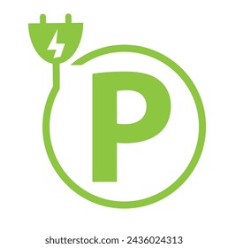 letter P with plug icon, green electric vehicle parking sing, electric car charging point, parking space for eco frienly hybrid cars, vector illustrastion