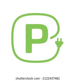 Letter P plug pictogram, Green electric car parking icon, Electric vehicle charging station sign, Parking place for Eco friendly electric and hybrid cars, Vector illustration