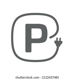 Letter P plug pictogram, Monochrome electric car parking icon, Electric vehicle charging station sign, Parking place for Eco friendly electric and hybrid cars, Vector illustration