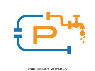 Letra P Plumber Logo Design Vetor Modelo Conceito Com Tubulação E Símbolo De Água