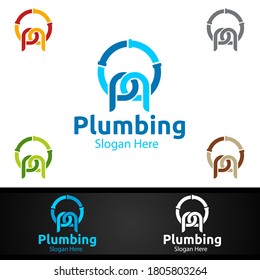 Letter P Plumbing Logo with Water and Fix Home Concept