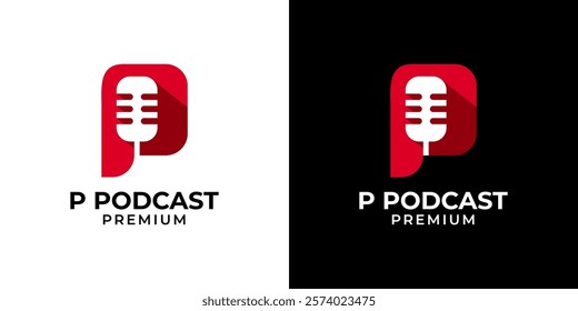 Letter P podcast logo vector with microphone icon design illustration template. P podcast radio record icon symbol vector. Karaoke, entertainment, media, radio, podcast channel logo.