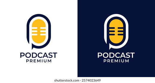 Letter P podcast logo vector with microphone icon design illustration template. P podcast radio record icon symbol vector. Karaoke, entertainment, media, radio, podcast channel logo.