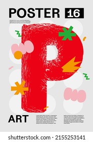 Letter P. Poster layout design. Alphabet. Cute font. Template poster, banner, flyer.