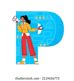 Letter P. Propagana, advertising and influence. English alphabet with people characters. Flat design retro letters and numbers.