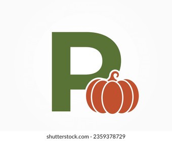 letter p with pumpkin. vegetable alphabet logo symbol. agriculture and harvest design. halloween symbol. isolated vector image