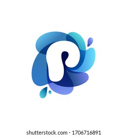 Letter P pure water logo. Swirling overlapping shape with splashing drops. Vector icon perfect for eco identity, marine posters and cleaning labels, etc.