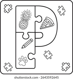 Letter P Puzzle Alphabet  with Objects, kids coloring books for kids