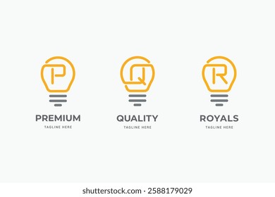 Letter P. Q, R with lightbulbs simple line logotype. P Q R letter innovation technology icon vector logo set