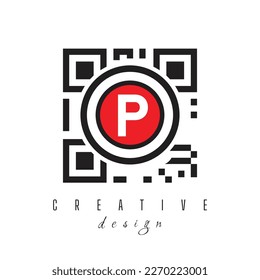 Letter P with QR Code and Barcode Logo Design. Circle Rounded Logo on White Background