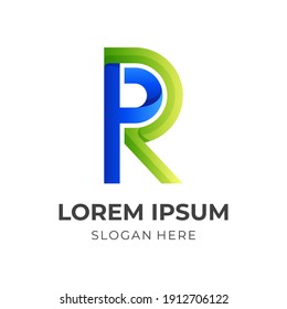 letter P R logo, letter P and letter R, combination logo with 3d blue and green color style