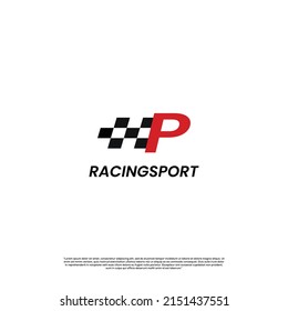 letter P with racing flag icon template logo design