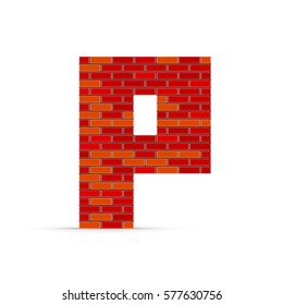 Letter P from red brick wall texture on a white background. Red Brick Letters. Vector Font - Typeface - Alphabet.