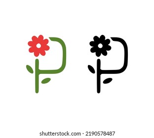 Letter P And Red Flower Doodle Icon