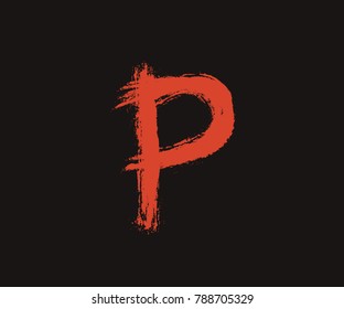 Letter P Red handwritten by dry brush, Rough strokes font vector
