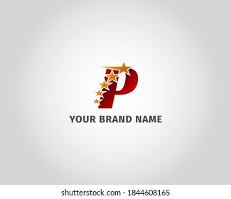 letra P metal rojo con plantilla de logotipo de cinco estrellas doradas